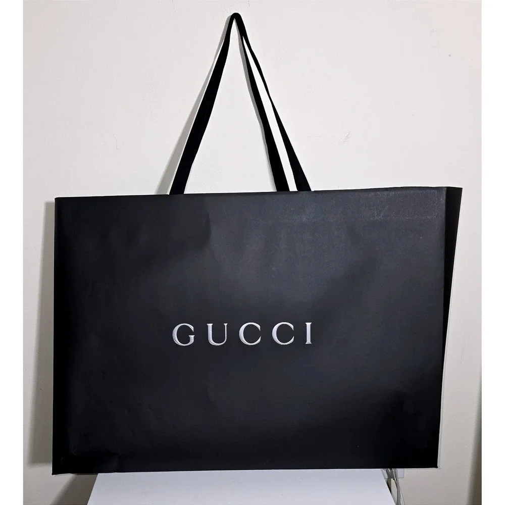 Gucci Shopping Bag Unisex Large Black Silver Logo Ribbon Handles Luxury Good